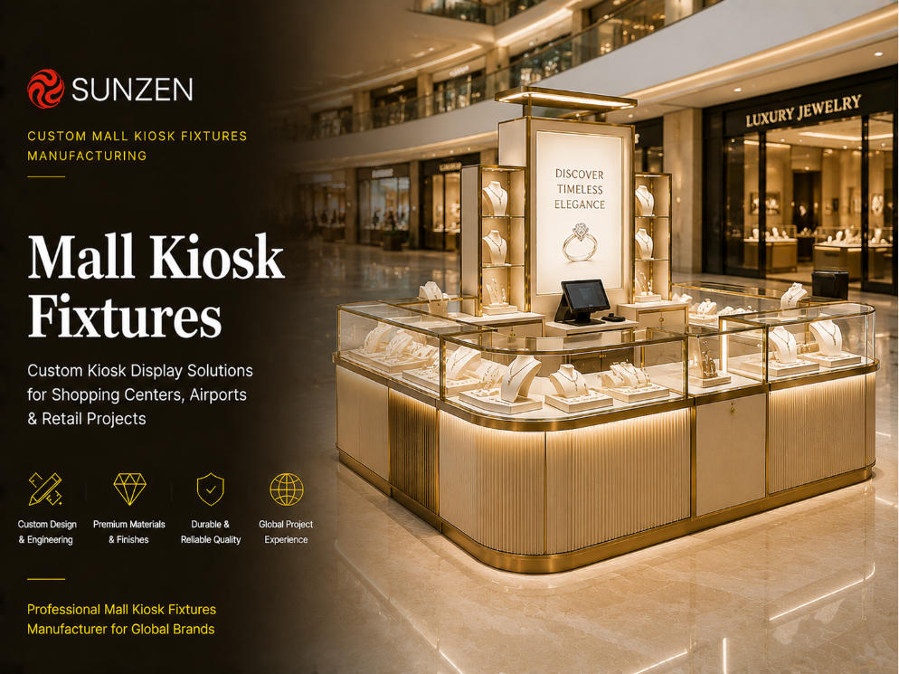 Custom mall kiosk fixtures manufactured by SUNZEN for shopping centers and retail projects